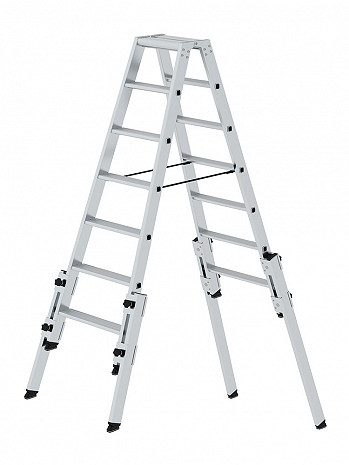 MUNK Günzburger Stufen-Treppenstehleiter mit 4 Holmverlängerungen / 2x7 Stufen / gemäß TRBS 2121-2