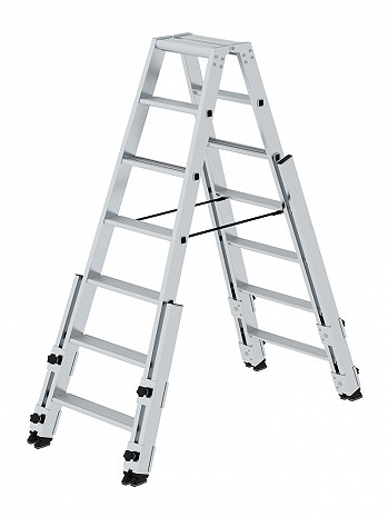 MUNK Günzburger Stufen-Treppenstehleiter mit 4 Holmverlängerungen / 2x7 Stufen / gemäß TRBS 2121-2
