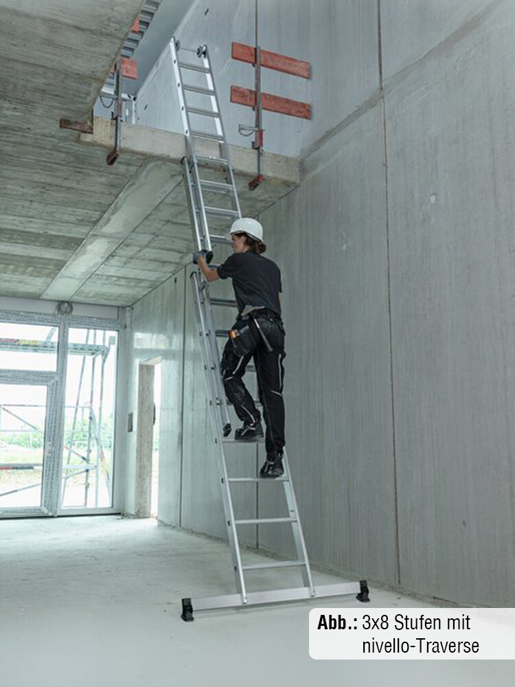 MUNK Günzburger 3-teilige Stufen-Mehrzweckleiter / 3x7 Stufen mit nivello-Traverse / gemäß TRBS 2121-2