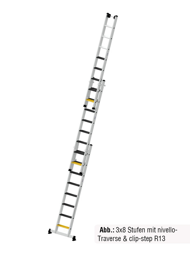 MUNK Günzburger 3-teilige Stufen-Mehrzweckleiter / 3x7 Stufen mit nivello-Traverse und clip-step R13 / gemäß TRBS 2121-2