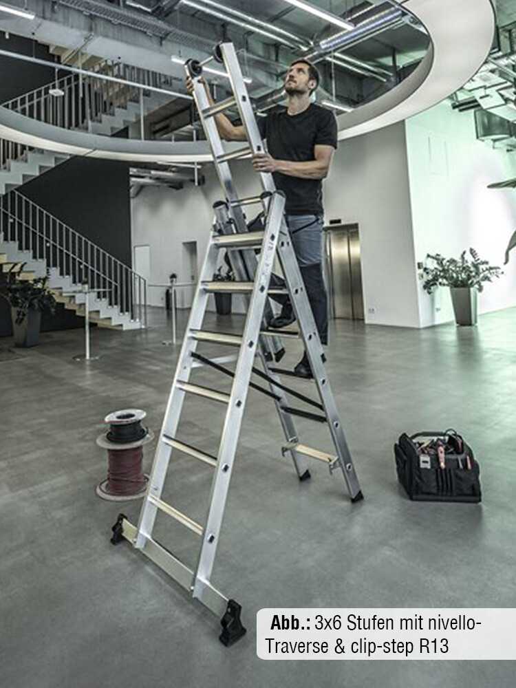 MUNK Günzburger 3-teilige Stufen-Mehrzweckleiter / 3x7 Stufen mit nivello-Traverse und clip-step R13 / gemäß TRBS 2121-2