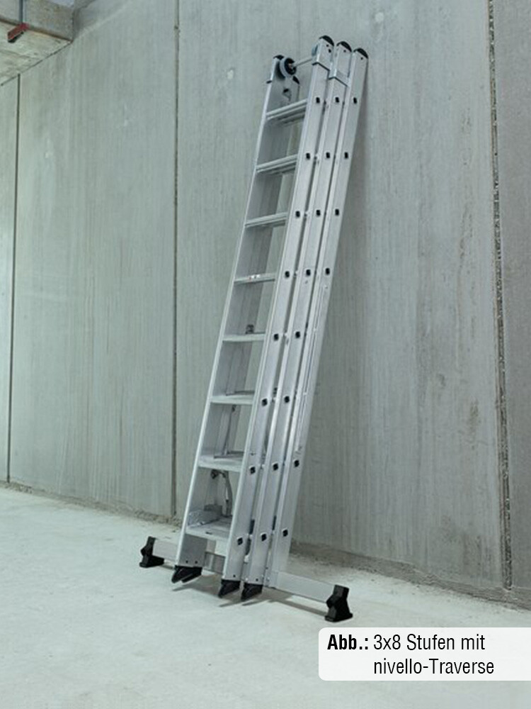 MUNK Günzburger 3-teilige Stufen-Mehrzweckleiter / 3x7 Stufen mit nivello-Traverse und clip-step R13 / gemäß TRBS 2121-2