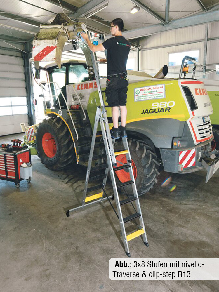 MUNK Günzburger 3-teilige Stufen-Mehrzweckleiter / 3x8 Stufen mit nivello-Traverse und clip-step R13 / gemäß TRBS 2121-2