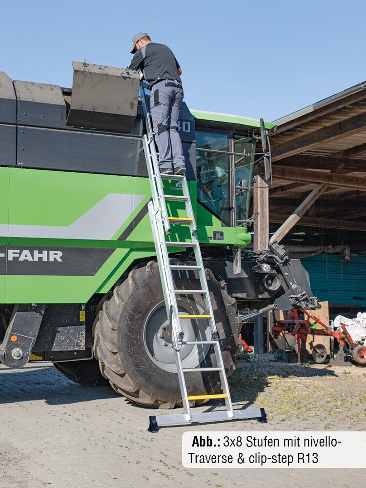 MUNK Günzburger 3-teilige Stufen-Mehrzweckleiter / 3x8 Stufen mit nivello-Traverse und clip-step R13 / gemäß TRBS 2121-2