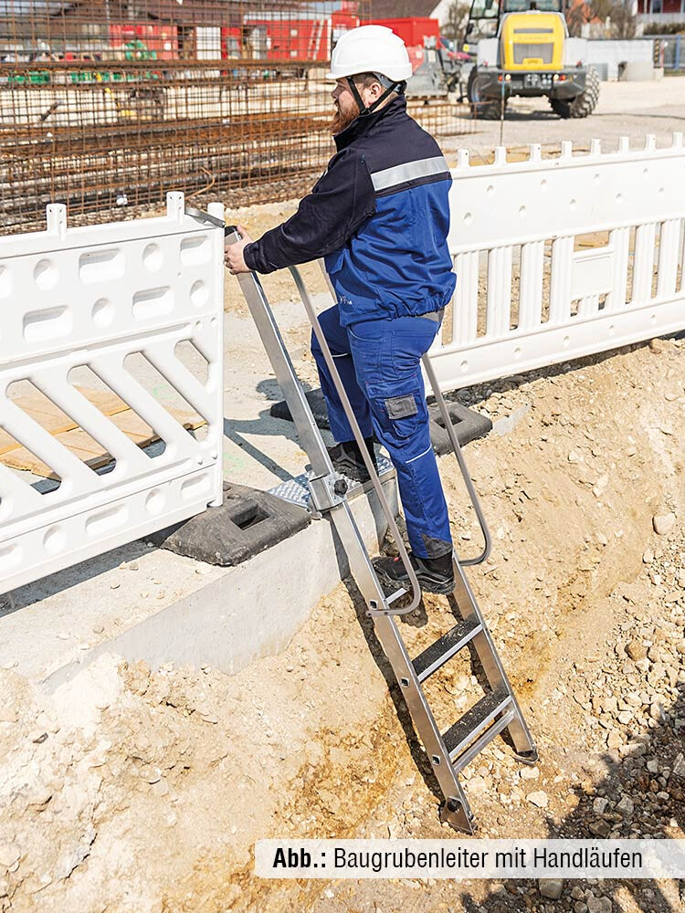 MUNK Günzburger Baugrubenleiter mit klappbaren Ausstiegsholmen und höhenverstellbarer Plattform / 4 Stufen