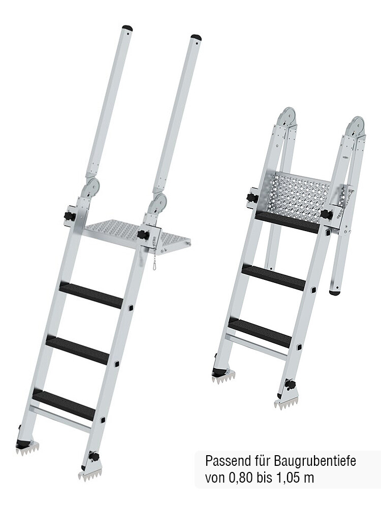 MUNK Günzburger Baugrubenleiter mit klappbaren Ausstiegsholmen und höhenverstellbarer Plattform / 4 Stufen