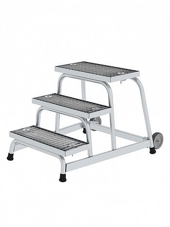 MUNK Günzburger Arbeitspodest starr mit Rollen / Stufenbelag: Stahl-Gitterrost / 3 Stufen