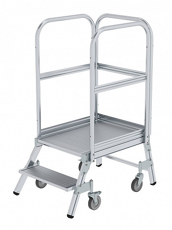 MUNK Günzburger Podesttreppe einseitig begehbar mit Federrollen / Aluminium geriffelt / 2 Stufen