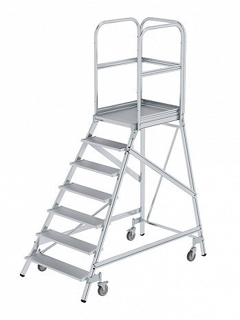 MUNK Günzburger Podesttreppe einseitig begehbar mit Federrollen / Aluminium geriffelt / 7 Stufen