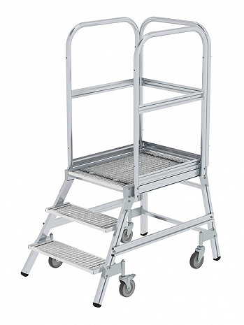 MUNK Günzburger Podesttreppe einseitig begehbar mit Federrollen / Stahl-Gitterrost / 3 Stufen