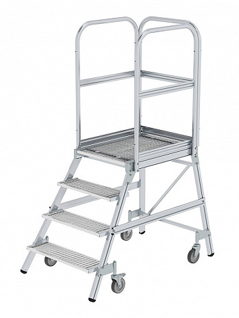 MUNK Günzburger Podesttreppe einseitig begehbar mit Federrollen / Stahl-Gitterrost / 4 Stufen
