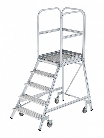 MUNK Günzburger Podesttreppe einseitig begehbar mit Federrollen / Stahl-Gitterrost / 5 Stufen