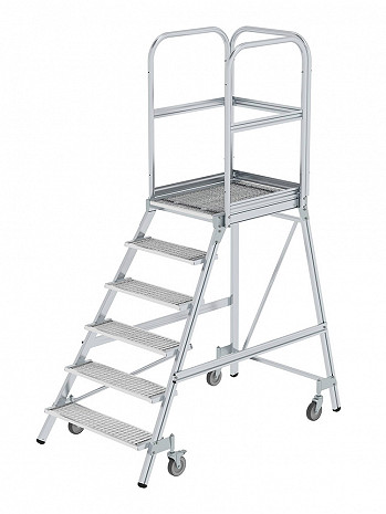 MUNK Günzburger Podesttreppe einseitig begehbar mit Federrollen / Stahl-Gitterrost / 6 Stufen