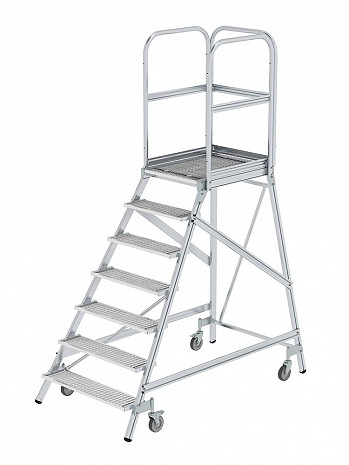 MUNK Günzburger Podesttreppe einseitig begehbar mit Federrollen / Stahl-Gitterrost / 7 Stufen