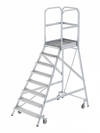 MUNK Günzburger Podesttreppe einseitig begehbar mit Federrollen / Stahl-Gitterrost / 8 Stufen
