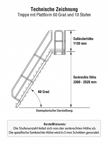 MUNK Günzburger Treppe 60 Grad mit Plattform & einseitigem Handlauf - 10 Stufen / Stufenbreite: 0,60 m