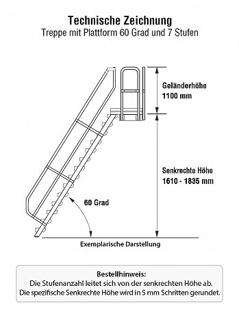 MUNK Günzburger Treppe 60 Grad mit Plattform & einseitigem Handlauf - 7 Stufen / Stufenbreite: 0,80 m