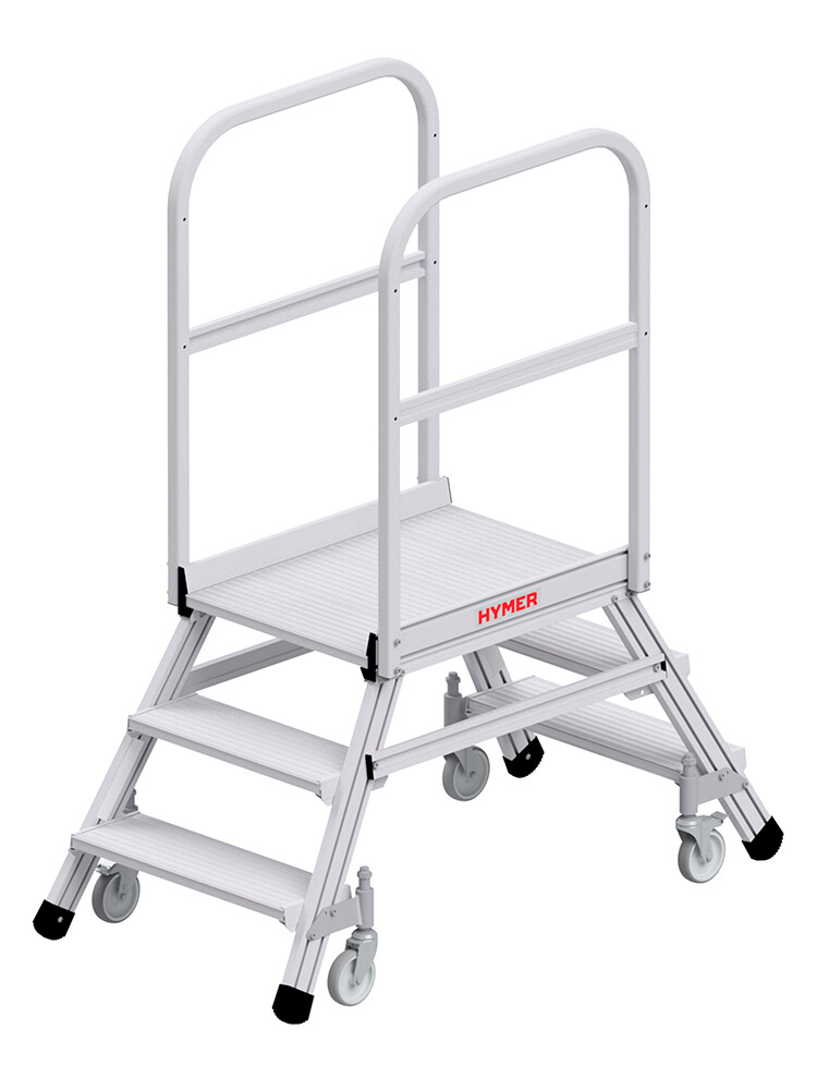 HYMER beidseitig begehbare Podesttreppe 6189 mit 2x3 Stufen und Rollen, auf weißem Hintergrund