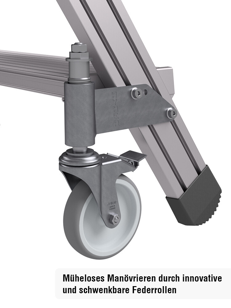 Nahaufnahme der schwenkbaren Federrolle von der HYMER Podesttreppe 6189