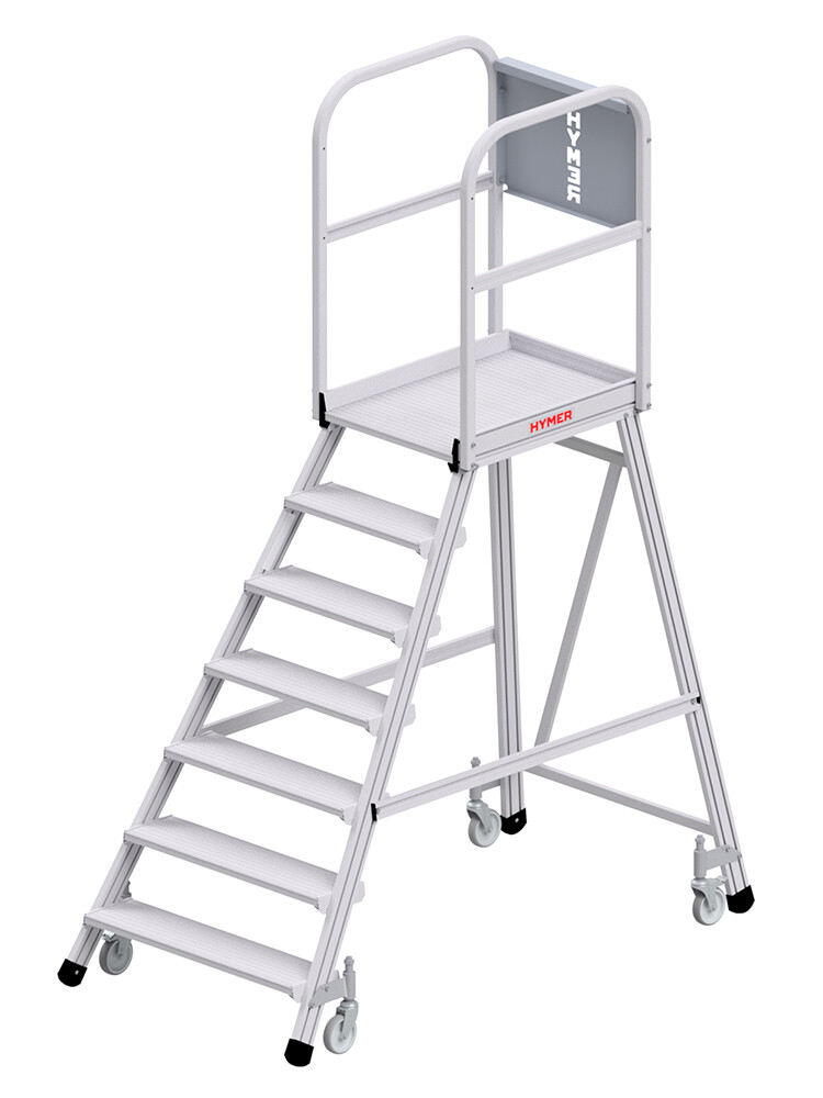 HYMER einseitig begehbare Podesttreppe 6188 mit 7 Stufen und Rollen, auf weißem Hintergrund