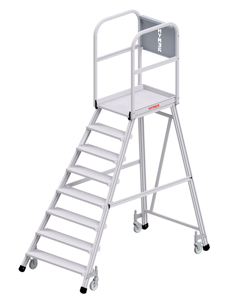HYMER einseitig begehbare Podesttreppe 6188 mit 8 Stufen und Rollen, freigestellt