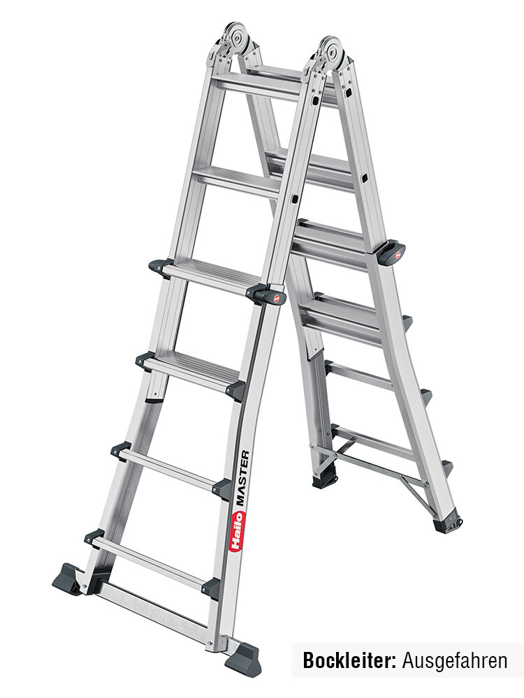 Teleskopierbare Gelenkleiter als Stehleiter auf weißem Hintergrund, maximale Leiterhöhe 1,70 Meter.