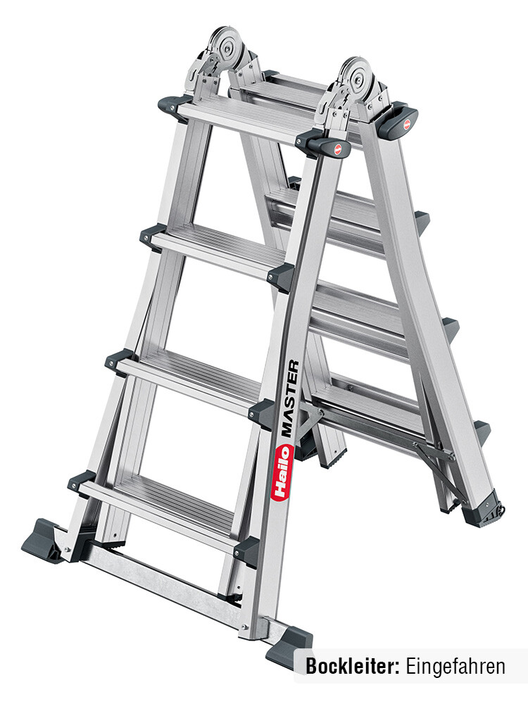 Hailo Master M100 Gelenkleiter als Bockleiter auf weißem Hintergrund, komplett eingefahren, mit 4x4 Stufen.