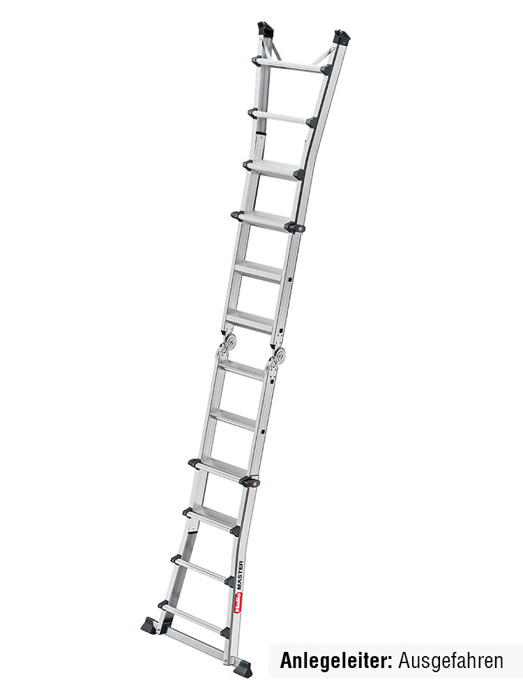Ausgefahrene Teleskopleiter mit Stufen, freigestellter Hintergrund; Leiter erreicht eine Höhe von 3,30 Metern im voll ausgezogenen Zustand.