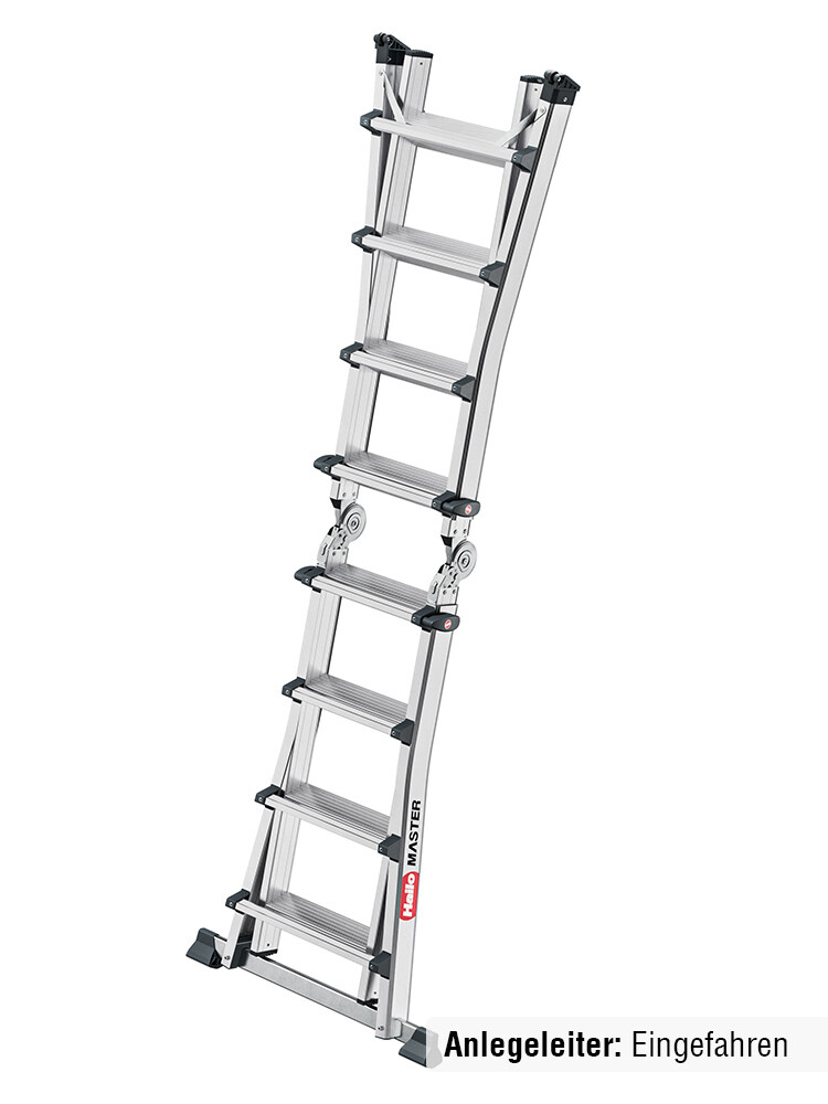 Hailo Master M100 als eingefahrene Teleskopleiter mit 4x4 Stufen, freigestellt.
