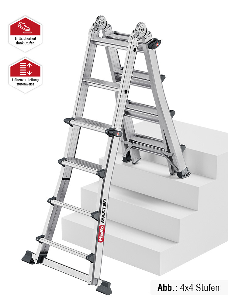 Hailo Master M100 Multifunktionsleiter mit Stufen steht auf einer Treppe, freigestellter Hintergrund; die stufenweise Höhenverstellung der Leiter wird deutlich sichtbar.