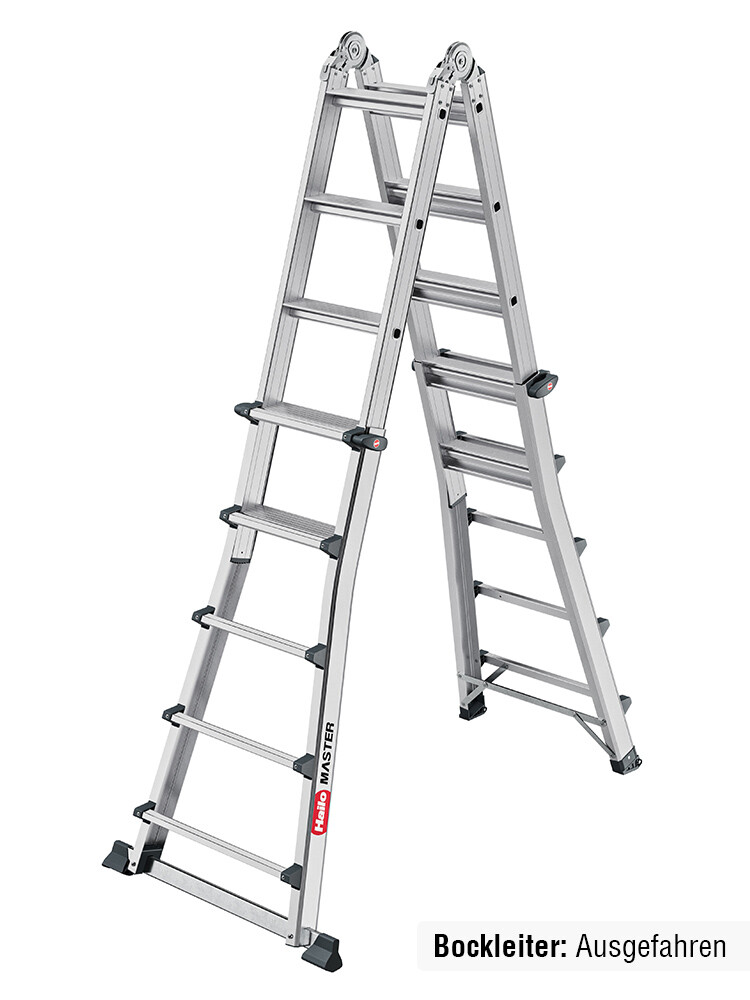 Teleskopierbare Gelenkleiter als Stehleiter auf weißem Hintergrund, maximale Leiterhöhe 2,23 Meter.