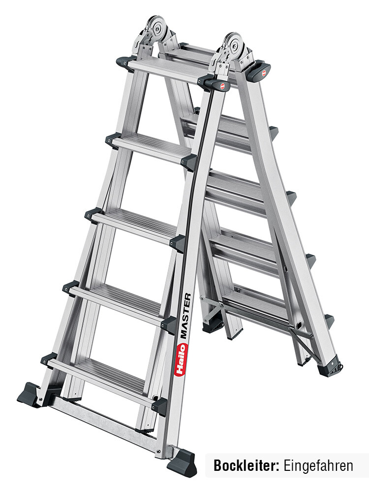Hailo Master M100 Gelenkleiter als Bockleiter auf weißem Hintergrund, komplett eingefahren, mit 4x5 Stufen.