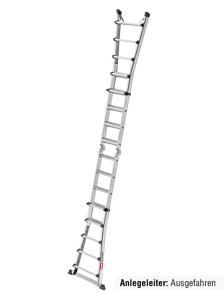 Ausgefahrene Teleskopleiter mit Stufen, freigestellter Hintergrund; Leiter erreicht eine Höhe von 4,40 Metern im voll ausgezogenen Zustand.