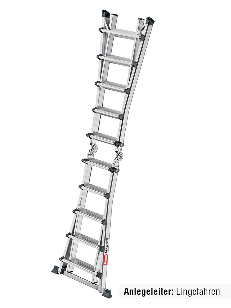 Hailo Master M100 als eingefahrene Teleskopleiter mit 4x5 Stufen, freigestellt.