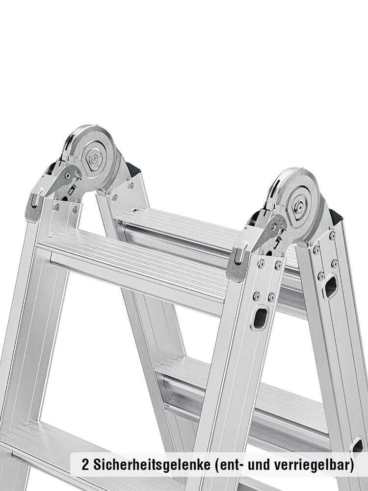 Detailaufnahme von zwei Sicherheitsgelenken einer Stufen-Multifunktionsleiter.