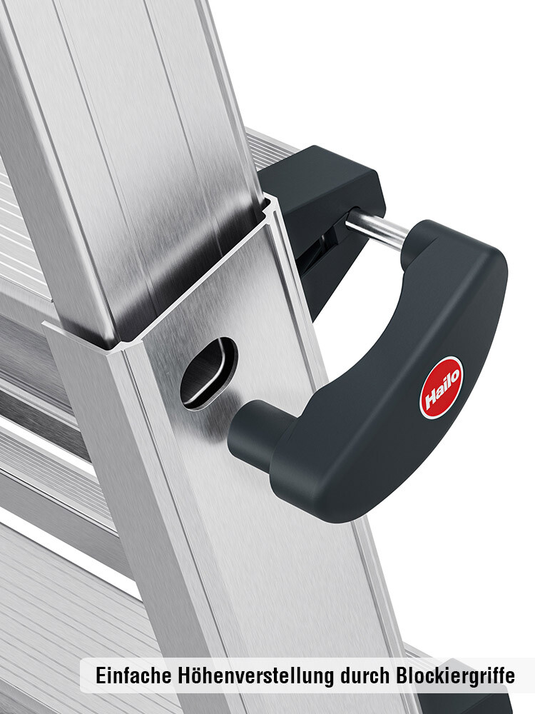Detailaufnahme seitlicher Blockiergriffe zur Höhenverstellung der Hailo M100.