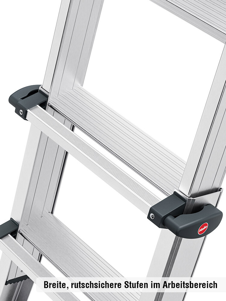 Detaillierte Aufnahme von breiten, rutschsicheren Leitern-Stufen im Arbeitsbereich.