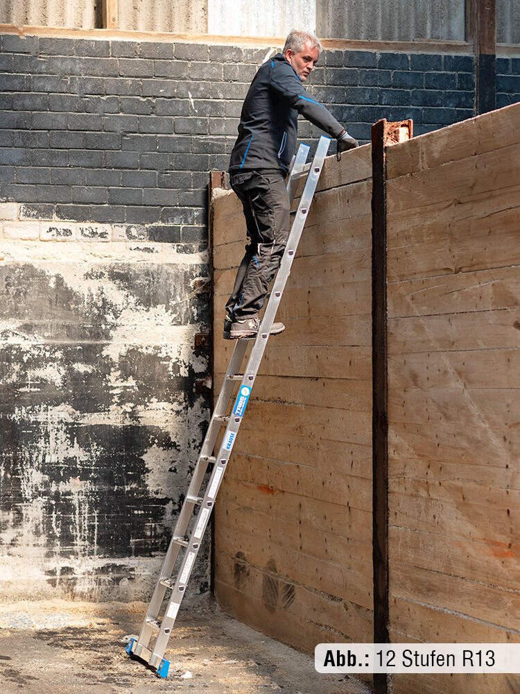 Handwerker arbeitet auf einer an die Wand gelehnten KRAUSE Profi-Anlegeleiter mit 12 Stufen R13
