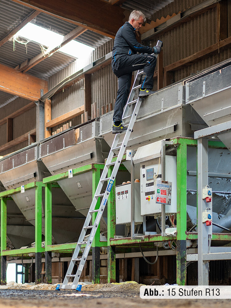 KRAUSE STABILO Anlegleiter mit 15 R13-Stufen und Traverse, Mann steigt mit Leiter an einer Maschine hinauf