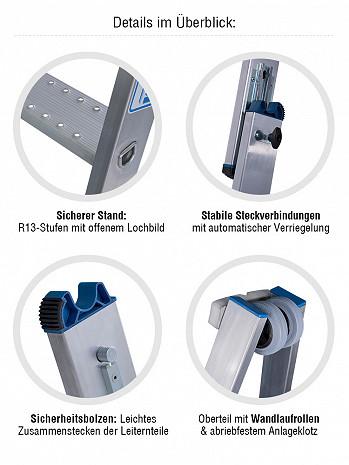 KRAUSE STABILO Glasreinigerleiter mit R13-Stufen / 4-teiliges Set mit 16 Stufen / gemäß TRBS 2121-2