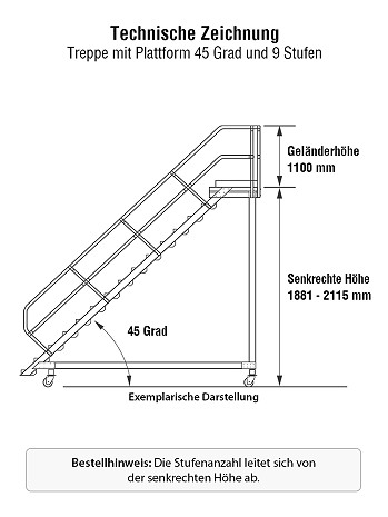 KRAUSE Treppe mit Plattform 45 Grad, fahrbar - 9 Stufen / Stufenbreite: 0,60 m inkl. beidseitigem Handlauf