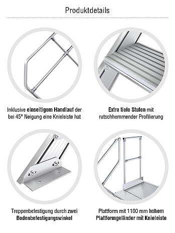 KRAUSE Treppe mit Plattform 45 Grad - 4 Stufen / Stufenbreite: 0,80 m inkl. einseitigem Handlauf