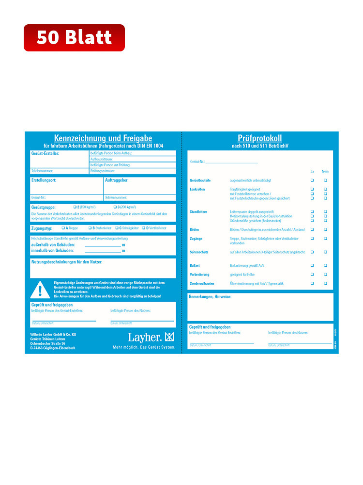 Layher Kennzeichnungsblock für Fahrgerüste (50 Blatt)