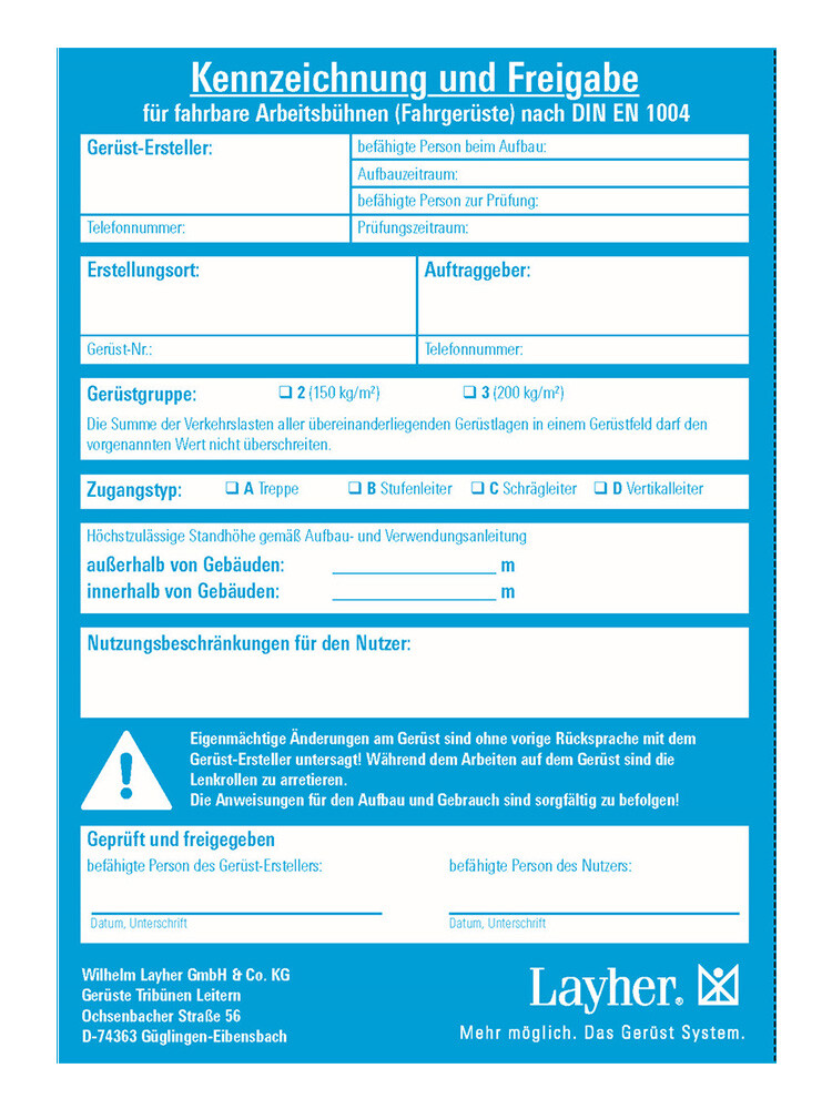 Layher Kennzeichnungsblock für Fahrgerüste (50 Blatt)