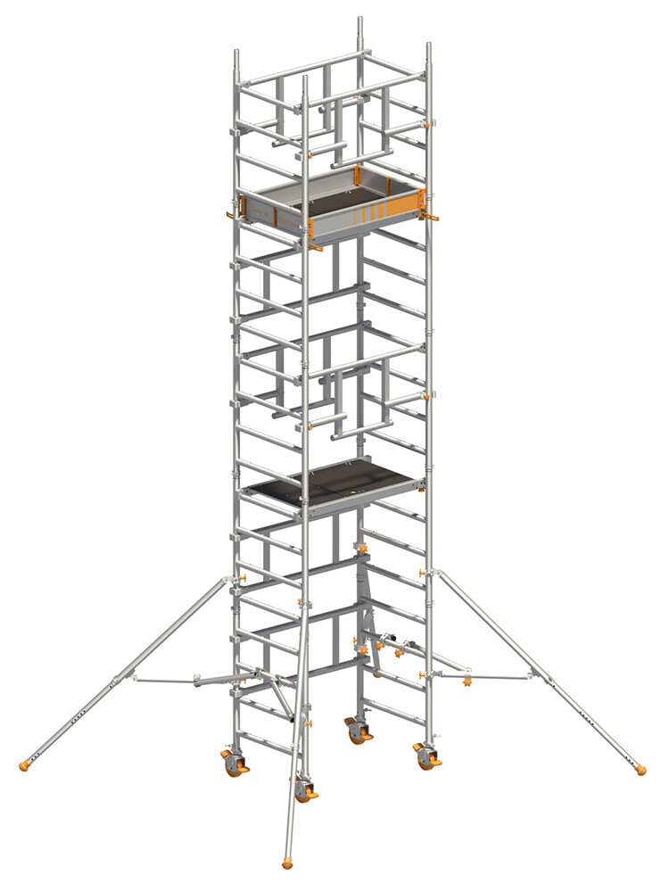 Layher Fahrgerüst SoloTower mit Sicherheitsaufbau P2 SAFETY PLUS mit Doppelgeländer, Arbeitshöhe 6,15 m, freigestellt