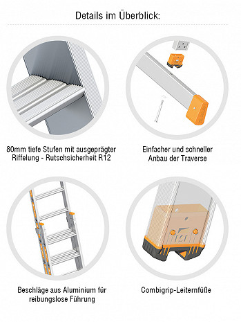 Layher Stufen-Schiebeleiter TOPIC 1032 / 2x14 Stufen mit Traverse / TRBS-konform