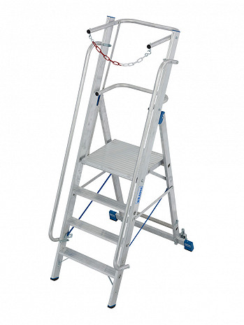 KRAUSE STABILO Plattformleiter mit Handläufen und Sicherheitsbügel + Rollen / 4 Stufen / gemäß TRBS 2121-2