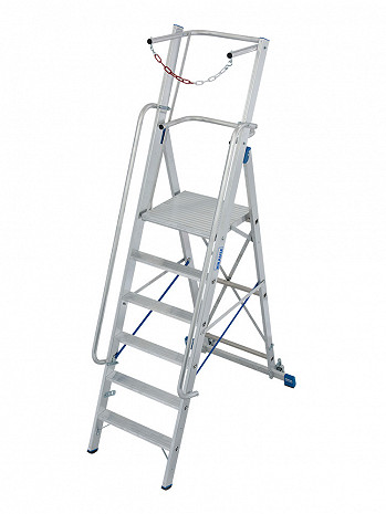 KRAUSE STABILO Plattformleiter mit Handläufen und Sicherheitsbügel + Rollen / 6 Stufen / gemäß TRBS 2121-2