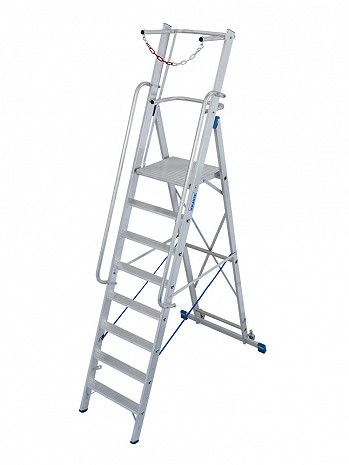 KRAUSE STABILO Plattformleiter mit Handläufen und Sicherheitsbügel + Rollen / 8 Stufen / gemäß TRBS 2121-2