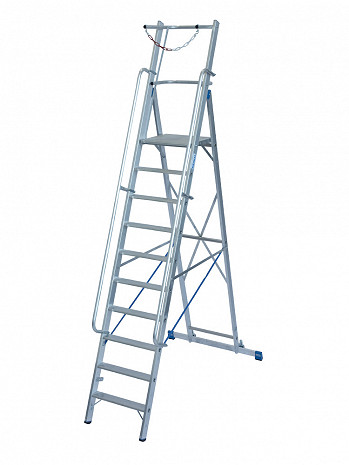 KRAUSE STABILO Plattformleiter mit Handläufen und Sicherheitsbügel + Rollen / 10 Stufen / gemäß TRBS 2121-2